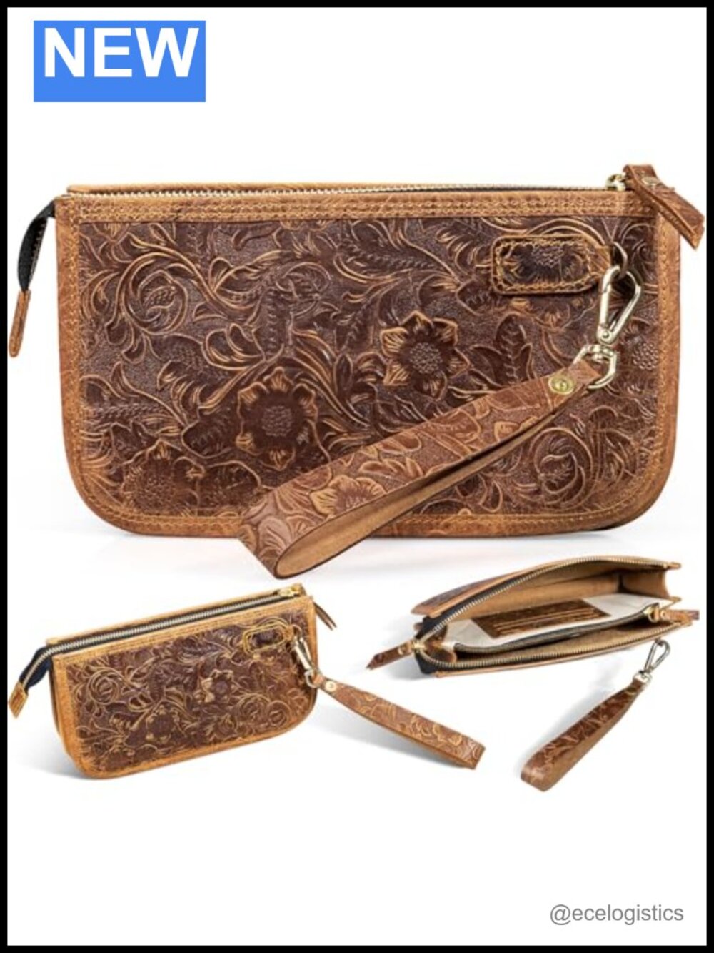 Genuine Leather Wristlet Clutch Bag Women Men Retro Floral Gold Hardware
